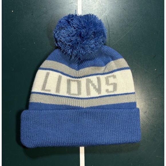 Detroit Lions NFL Knit Beanie Pom Hat Striped Blue White Football - Picture 2 of 5